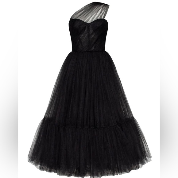 Milla Black One-Shoulder Cocktail Mesh Tulle Luxurious A-line midi Dress - Picture 3 of 8